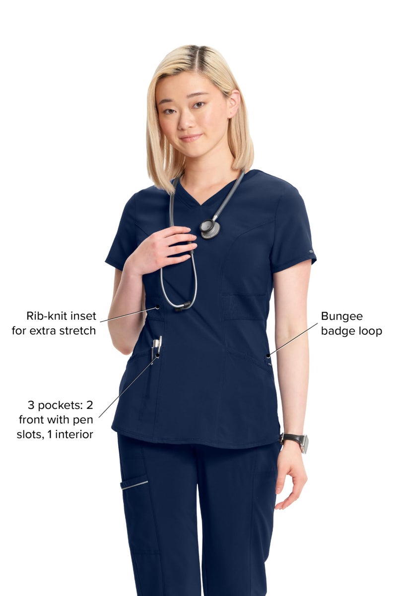 Cherokee Infinity Womens V-Neck Scrub Top Contemporary Fit, 3 Pockets, Rib-Knit Insets, Side Vents, 360Â° Stretch - CK623A, 2XL, Navy - Image 4